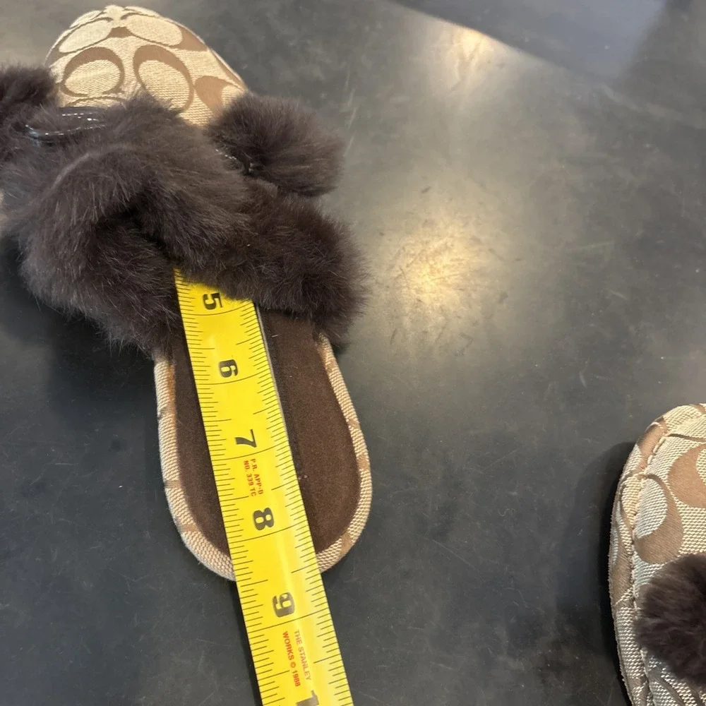 Coach Signature Fur Trim Mule Slippers Women's Brown Logo SlipOn House Shoes Sz5 - Picture 2 of 9